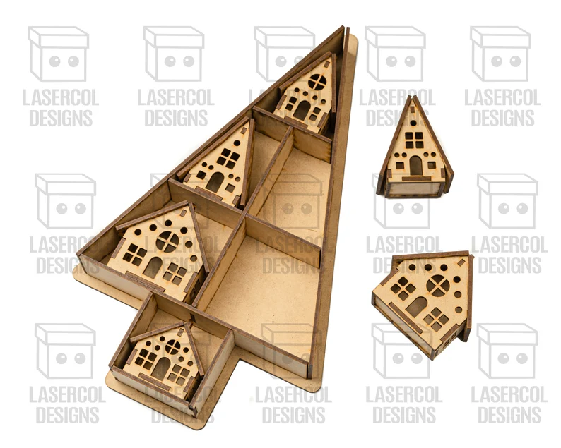 Caja en Forma de Árbol de Navidad con Adornos de Casas – ETSY - Imagen 5