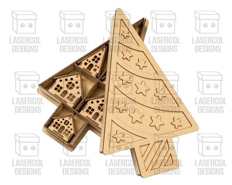 Caja en Forma de Árbol de Navidad con Adornos de Casas – ETSY - Imagen 6