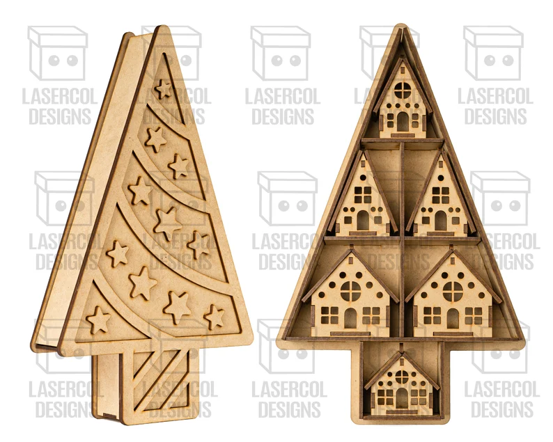 Caja en Forma de Árbol de Navidad con Adornos de Casas – ETSY - Imagen 4