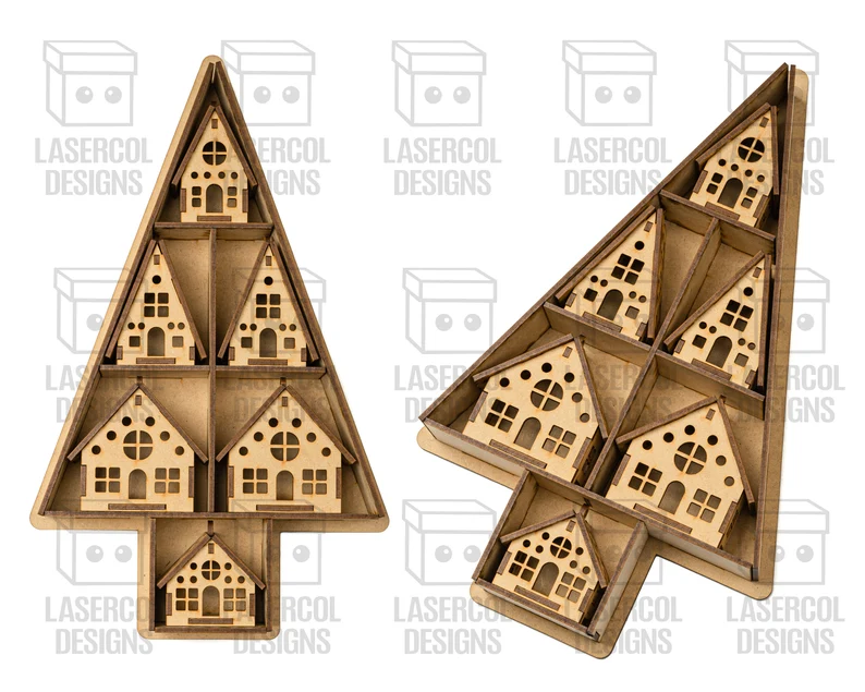 Caja en Forma de Árbol de Navidad con Adornos de Casas – ETSY - Imagen 3