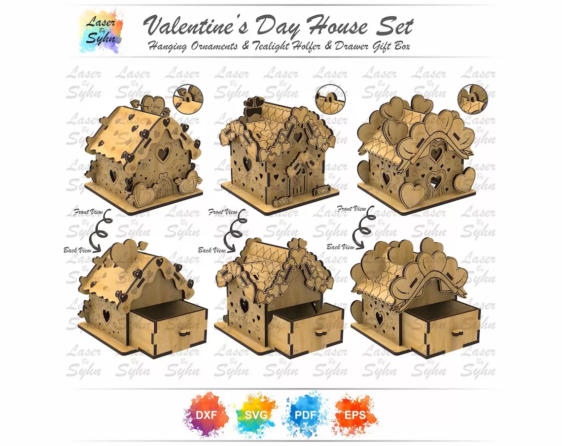 🏠❤️ Set de 3 Casas Motivo San Valentín con Cajón 💌 ETSY