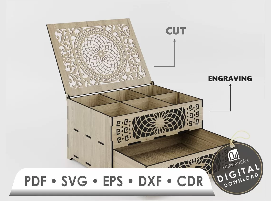 💍✨ Caja de Joyería con Cajones – Archivo para Corte Láser 📦🔧 - Imagen 2
