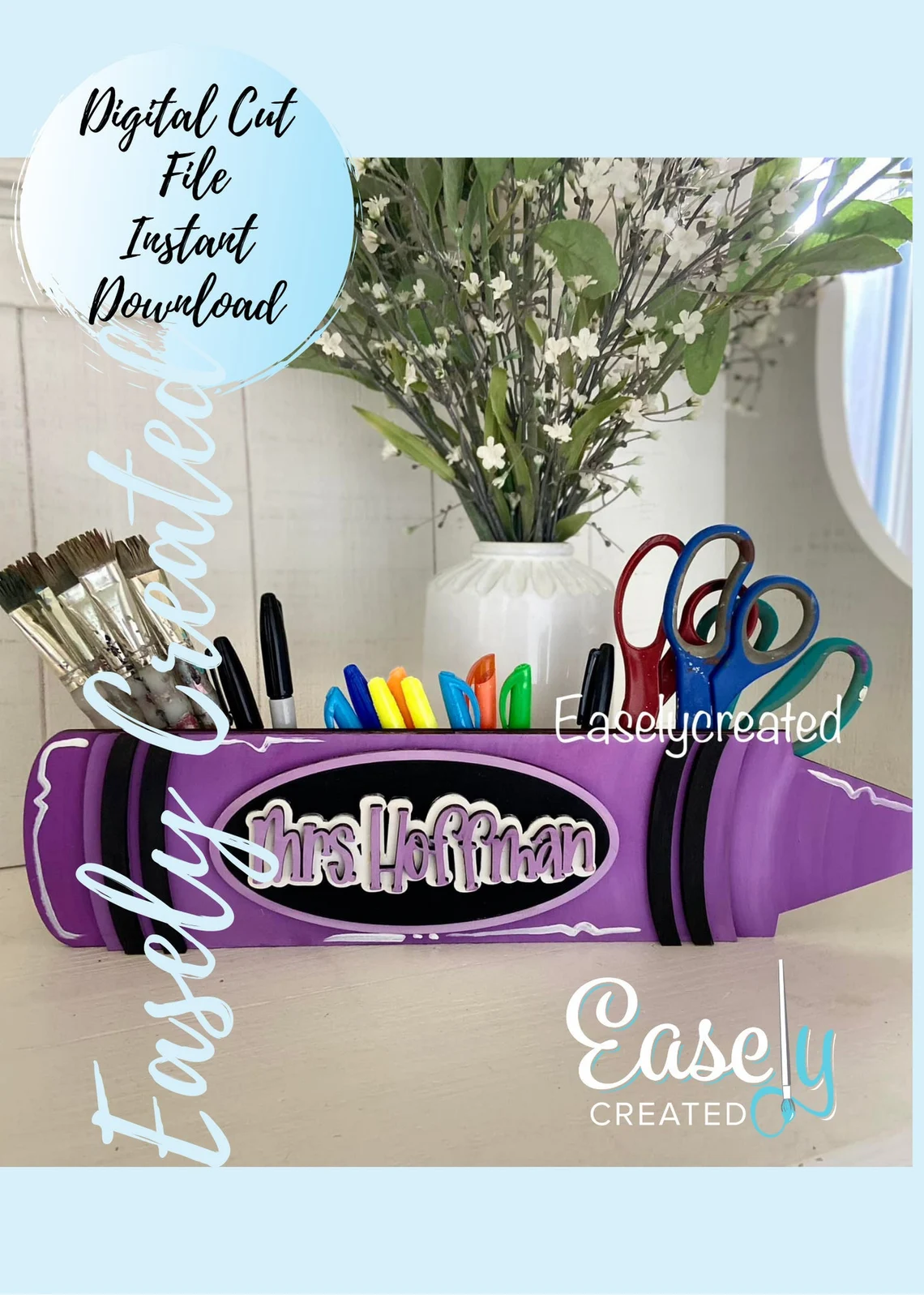 🖍️🏫 Soporte para Crayones con Letrero – Archivo Digital para Corte Láser 🎨📁 ETSY