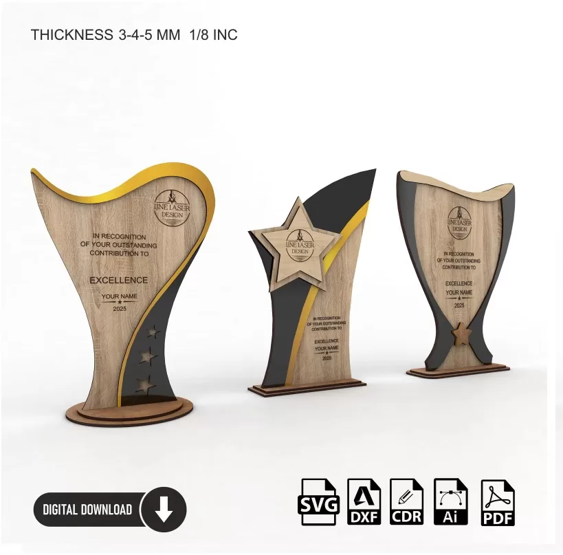 🏆 3 Diseños Únicos de Trofeos – Archivos Digitales para Corte Láser ✨