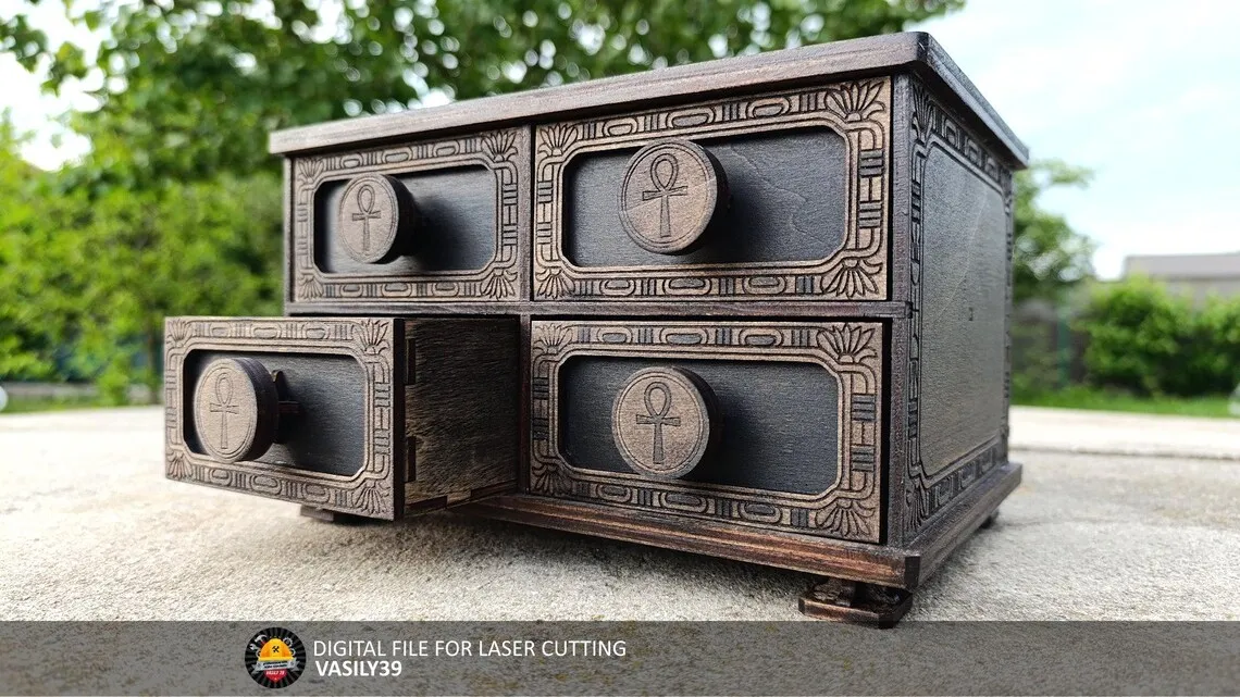 🏺✨ Cómoda o Caja de 4 Cajones – Diseño Egipcio para Corte Láser - ETSY